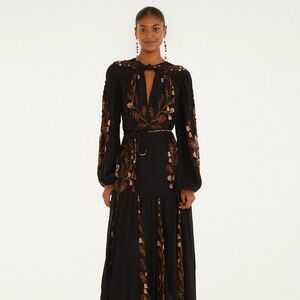 Farm Rio Black Berry Garden Long Sleeve Pleated Maxi Dress